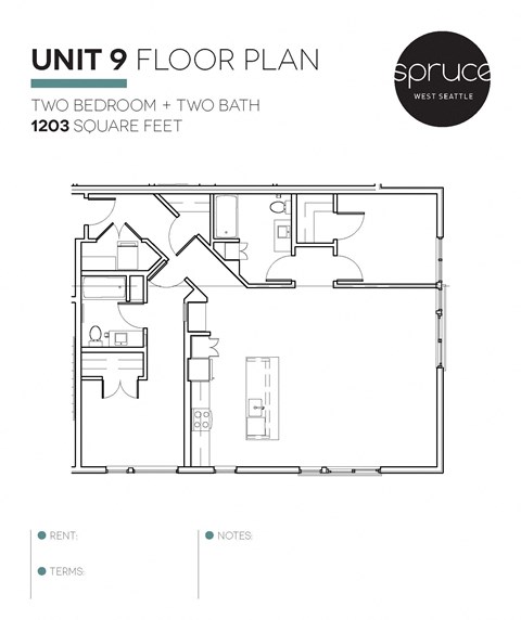 Floor plan for 2 beds, 2 baths, 1203 sqft